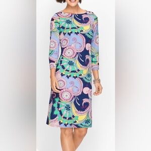 TALBOTS Jersey Shift Dress Spiral Paisley 3/4 sleeve knee length Women’s Medium